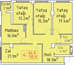 Masazır şəhərinin Qəsr yaşayış kompleksində 110.9 m2 sahəsi olan 4-otaqlılar mənzillərin planlaşdırılması
