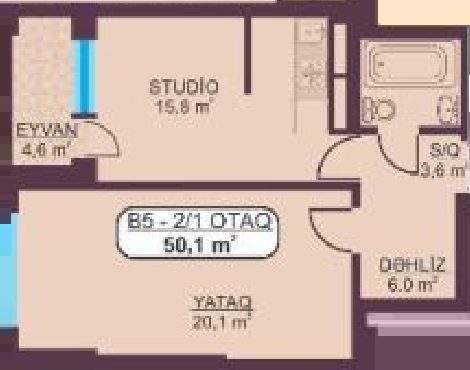 Планировка 1-комнатные квартиры, 50.1 m2 в Karat Residence, в г. Баку