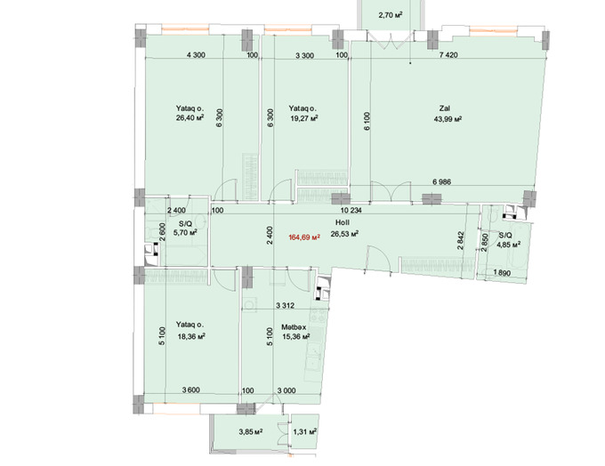 Планировка 4-комнатные квартиры, 164.69 m2 в AQP MTK, в г. Баку