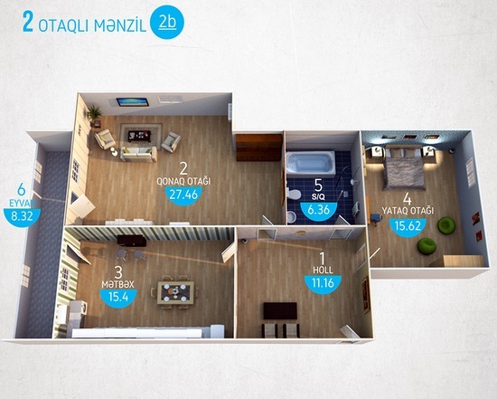 Планировка 2-комнатные квартиры, 84.32 m2 в Bakı Cənub Qapısı, в г. Баку