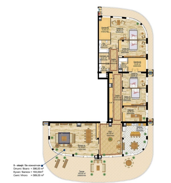 Планировка 5-комнатные квартиры, 589 m2 в Park Hill Tower, в г. Баку