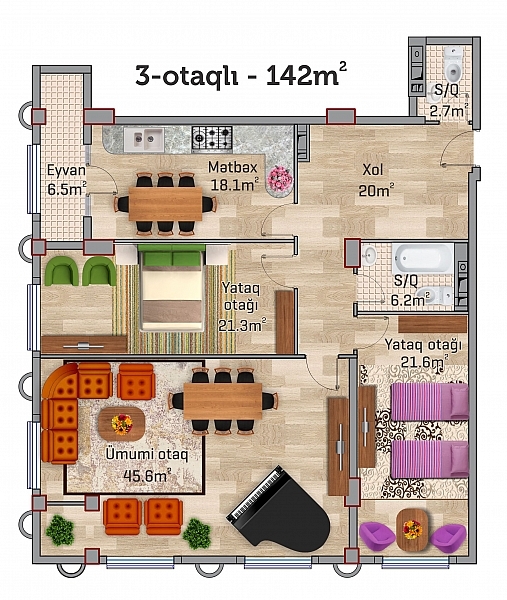 Bakı şəhərinin İnqilab Residence yaşayış kompleksində 142 m2 sahəsi olan 3-otaqlılar mənzillərin planlaşdırılması