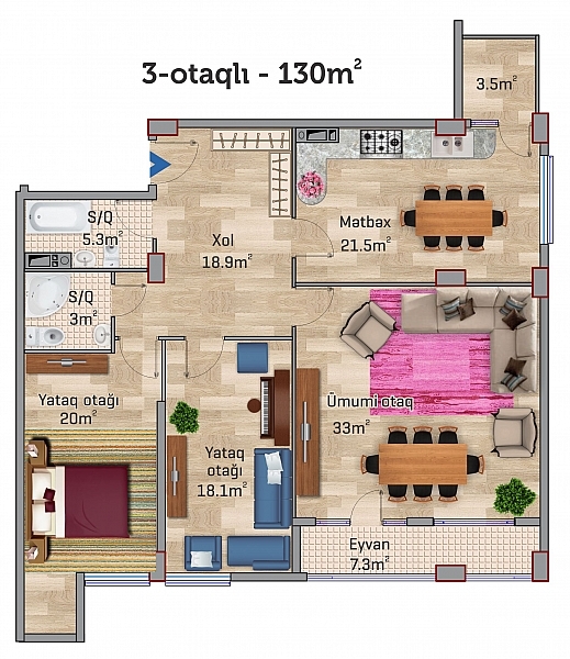 Bakı şəhərinin İnqilab Residence yaşayış kompleksində 130 m2 sahəsi olan 3-otaqlılar mənzillərin planlaşdırılması