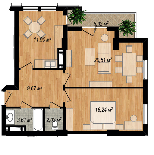 Планировка 2-комнатные квартиры, 72.92 m2 в ЖК Park Bayil, в г. Баку