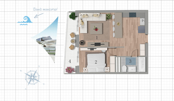 Планировка 1-комнатные квартиры, 57.7 m2 в Hayat City Residence, в г. Баку
