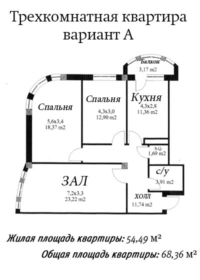 Планировка 3-комнатные квартиры, 68.36 m2 в ЖК Yeni Baki, в г. Масазыра
