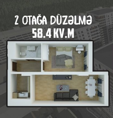 Bakı şəhərinin Yaşam Residence yaşayış kompleksində 58.4 m2 sahəsi olan 2-otaqlılar mənzillərin planlaşdırılması
