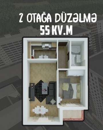 Bakı şəhərinin Yaşam Residence yaşayış kompleksində 55 m2 sahəsi olan 2-otaqlılar mənzillərin planlaşdırılması