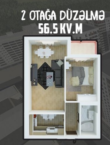 Планировка 2-комнатные квартиры, 56.5 m2 в Yasam Residence, в г. Баку