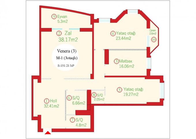 Планировка 3-комнатные квартиры, 151.21 m2 в Baku Galaxy Park, в г. Баку