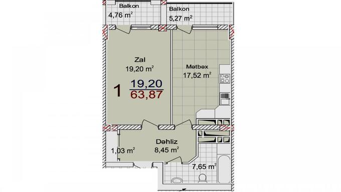 Планировка 1-комнатные квартиры, 63.87 m2 в Çinar Mahal, в г. Баку