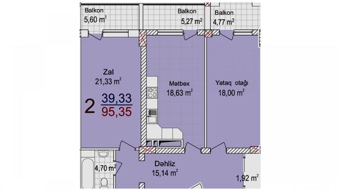 Bakıda şəhərinin Çinar Mahal yaşayış kompleksində 95.35 m2 sahəsi olan 2-otaqlı mənzillərin planlaşdırılması