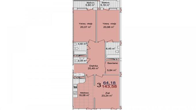 Планировка 3-комнатные квартиры, 143.58 m2 в Çinar Mahal, в г. Баку