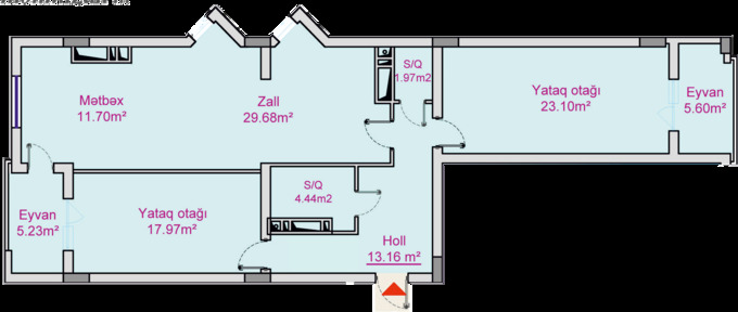 Bakı şəhərinin Park Nərimanov Residence yaşayış kompleksində 116.33 m2 sahəsi olan 3-otaqlılar mənzillərin planlaşdırılması