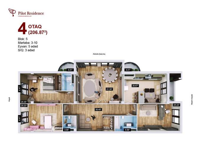 Планировка 4-комнатные квартиры, 206.87 m2 в ЖК Pilot Residence, в г. Баку