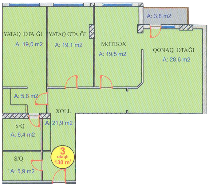 Планировка 3-комнатные квартиры, 130 m2 в Turan TT, в г. Баку