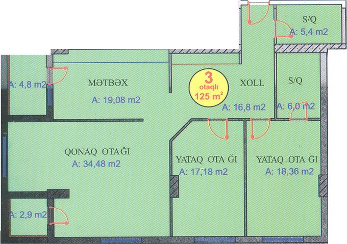 Планировка 3-комнатные квартиры, 125 m2 в Turan TT, в г. Баку