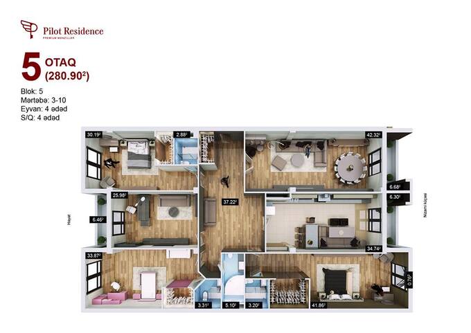 Планировка 5-комнатные квартиры, 280.9 m2 в ЖК Pilot Residence, в г. Баку