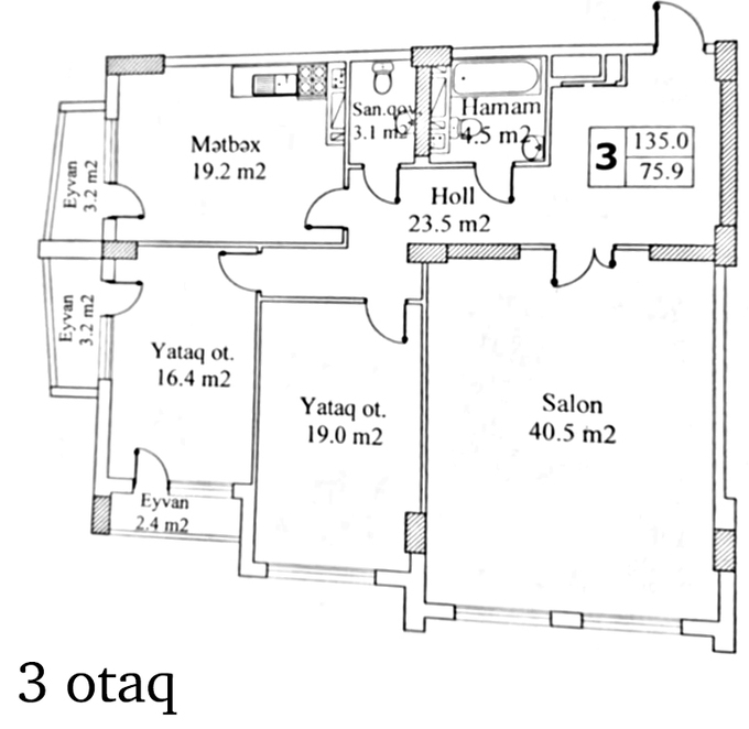 Планировка 3-комнатные квартиры, 135 m2 в Universal City, в г. Баку
