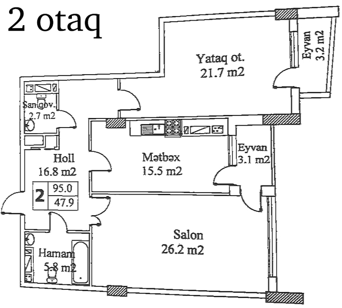 Планировка 2-комнатные квартиры, 95 m2 в Universal City, в г. Баку