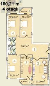 Bakı şəhərinin Atlanta yaşayış kompleksində 160.21 m2 sahəsi olan 4-otaqlılar mənzillərin planlaşdırılması