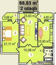 Планировка 2-комнатные квартиры, 88.83 m2 в Atlanta, в г. Баку