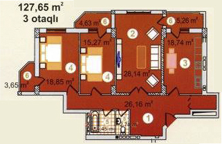 Bakı şəhərinin Atlanta yaşayış kompleksində 127.65 m2 sahəsi olan 3-otaqlılar mənzillərin planlaşdırılması