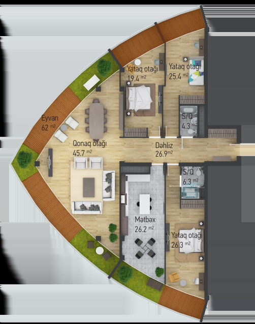 Bakı şəhərinin Dream Tower yaşayış kompleksində 237 m2 sahəsi olan 4-otaqlılar mənzillərin planlaşdırılması