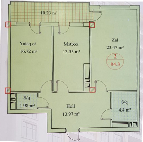 Планировка 2-комнатные квартиры, 84.3 m2 в Fateh-MTK, в г. Хырдалана