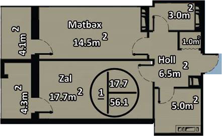 Планировка 1-комнатные квартиры, 56.1 m2 в Komfort Hayat Residence, в г. Баку