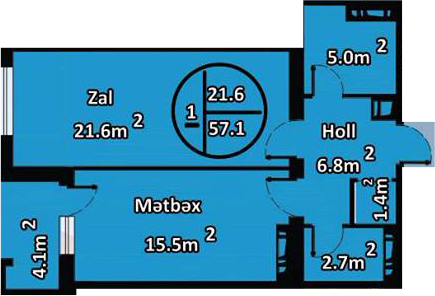 Bakı şəhərinin Komfort Hayat Residence yaşayış kompleksində 57.1 m2 sahəsi olan 1-otaqlılar mənzillərin planlaşdırılması