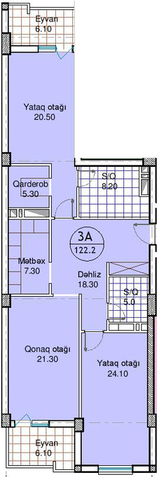 Планировка 3-комнатные квартиры, 122.2 m2 в ЖК Amal-2015, в г. Баку