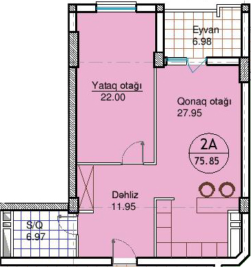 Планировка 2-комнатные квартиры, 75.85 m2 в ЖК Amal-2015, в г. Баку