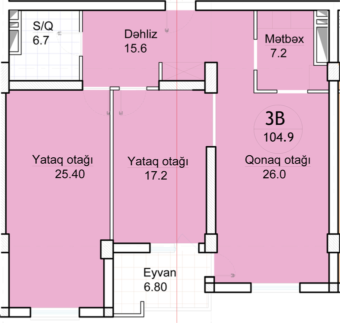 Планировка 3-комнатные квартиры, 104.9 m2 в ЖК Amal-2015, в г. Баку