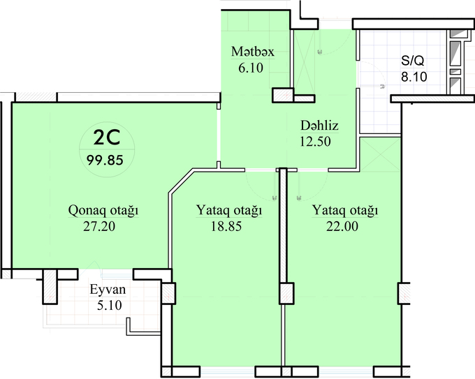 Планировка 2-комнатные квартиры, 99.85 m2 в ЖК Amal-2015, в г. Баку