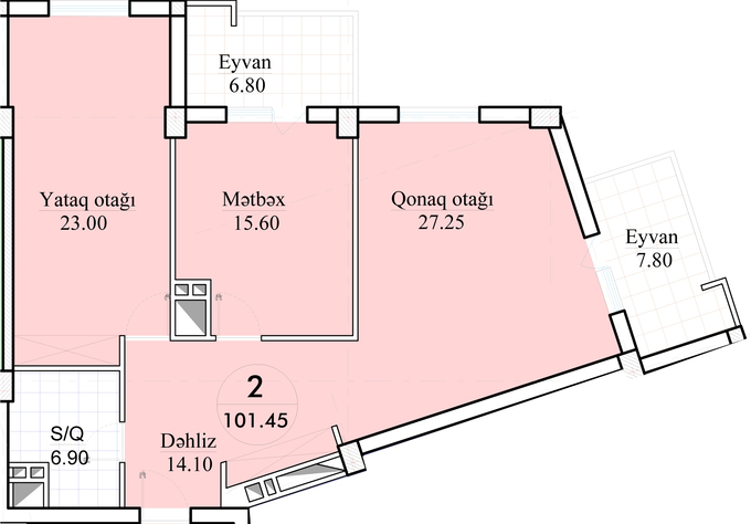 Планировка 2-комнатные квартиры, 101.45 m2 в ЖК Amal-2015, в г. Баку