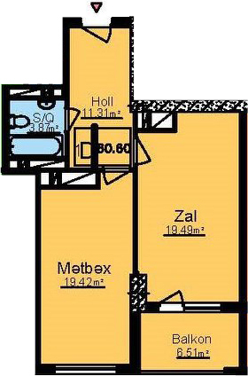 Планировка 1-комнатные квартиры, 60.6 m2 в ЖК Grand Park, в г. Сумгаита