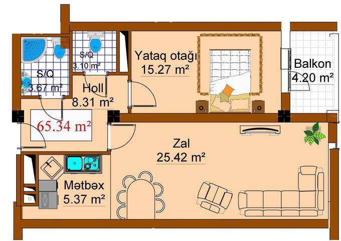 Sumqayıt şəhərinin Grand Park yaşayış kompleksində 65.34 m2 sahəsi olan 2-otaqlılar mənzillərin planlaşdırılması