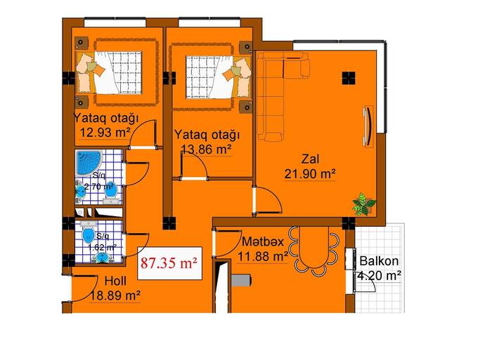 Планировка 3-комнатные квартиры, 87.35 m2 в ЖК Grand Park, в г. Сумгаита