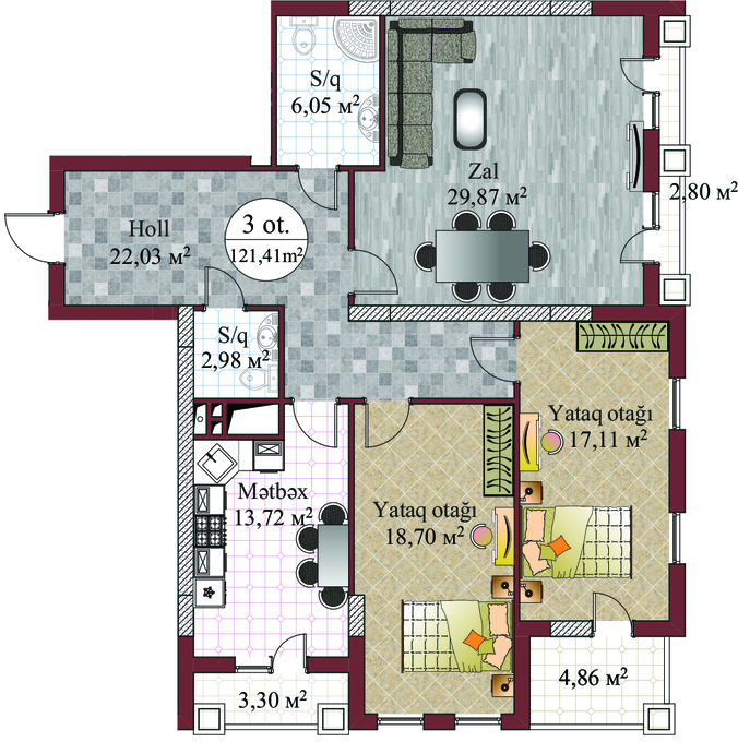 Bakı şəhərinin Evim Residence yaşayış kompleksində 121.41 m2 sahəsi olan 3-otaqlılar mənzillərin planlaşdırılması