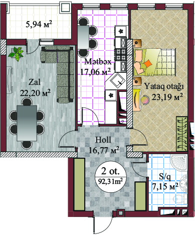 Bakı şəhərinin Evim Residence yaşayış kompleksində 92.31 m2 sahəsi olan 2-otaqlılar mənzillərin planlaşdırılması