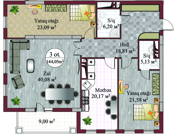 Планировка 3-комнатные квартиры, 144.05 m2 в Evim Residence, в г. Баку