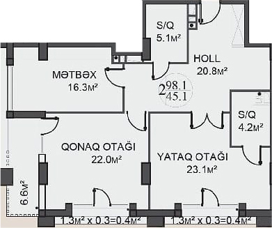 Планировка 2-комнатные квартиры, 98.1 m2 в Qaya Qala Residence, в г. Баку