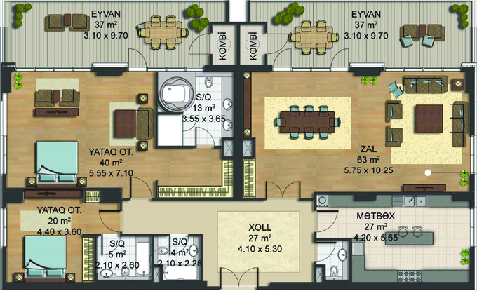 Bakı şəhərinin Breeze Tower yaşayış kompleksində 289 m2 sahəsi olan 3-otaqlılar mənzillərin planlaşdırılması