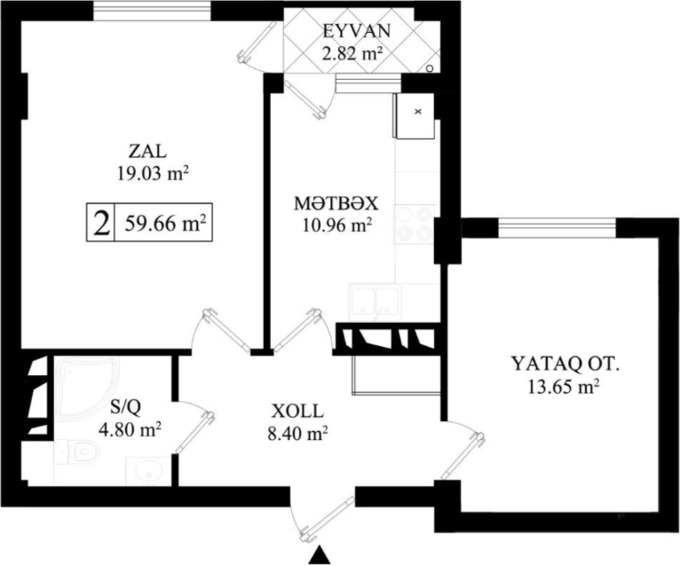 Планировка 2-комнатные квартиры, 59.66 m2 в Elegant Residence, в г. Баку