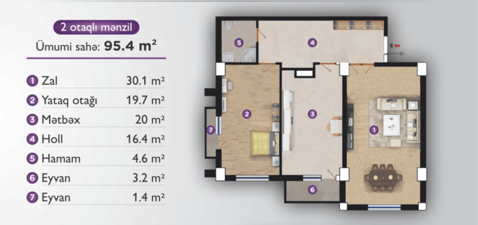 Планировка 2-комнатные квартиры, 95.4 m2 в Elit Park, в г. Баку