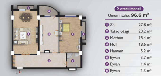 Планировка 2-комнатные квартиры, 96.6 m2 в Elit Park, в г. Баку