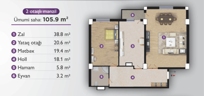 Планировка 2-комнатные квартиры, 105.9 m2 в Elit Park, в г. Баку
