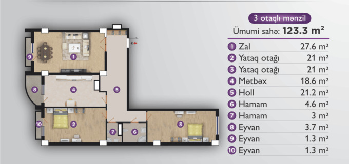 Планировка 3-комнатные квартиры, 123.3 m2 в Elit Park, в г. Баку