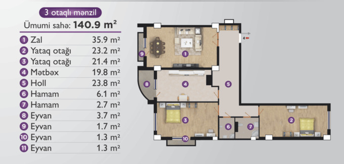 Планировка 3-комнатные квартиры, 140.9 m2 в Elit Park, в г. Баку